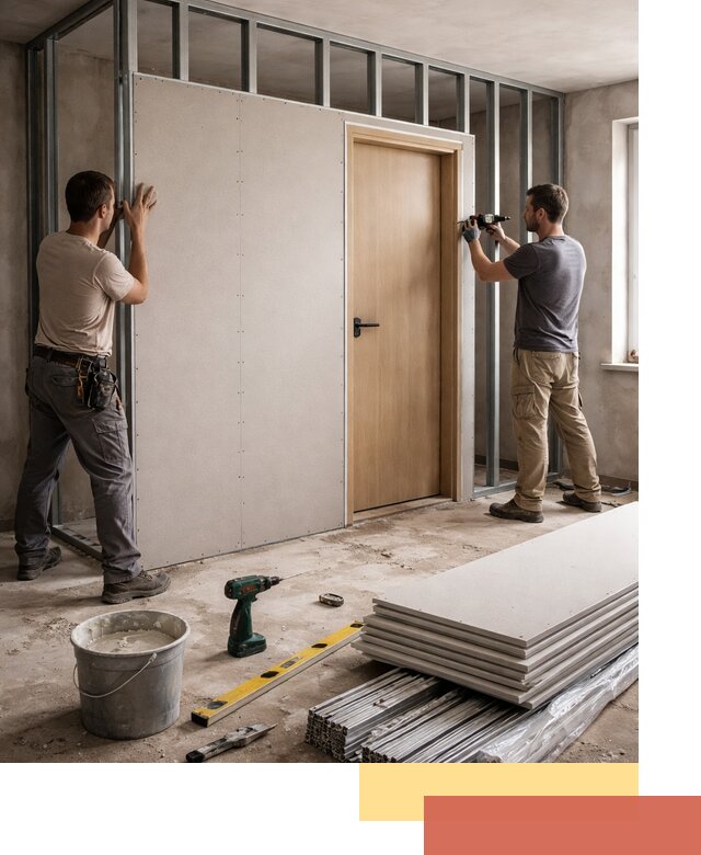 Перегородка из гипсокартона с дверью под ключ в ессентуках