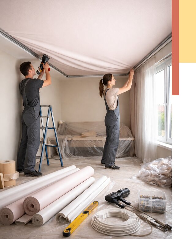 Монтаж цветного натяжного потолка в ессентуках от 4283 руб/м² — быстро и недорого | ОТДЕЛОЧНИК-Ссн